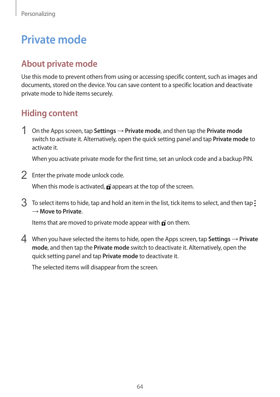 Private mode, 64 private mode, About private mode | Hiding content | Samsung Galaxy Alpha User Manual | Page 64 / 235