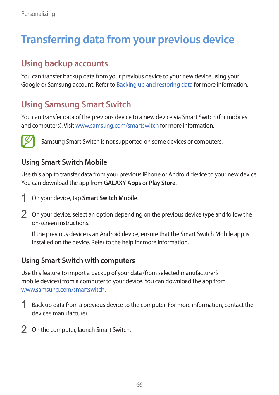 Transferring data from your previous device, 66 transferring data from your previous, Device | Using backup accounts, Using samsung smart switch | Samsung Galaxy Alpha User Manual | Page 66 / 235