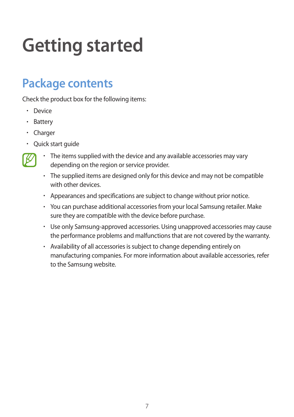 Getting started, Package contents | Samsung Galaxy Alpha User Manual | Page 7 / 235