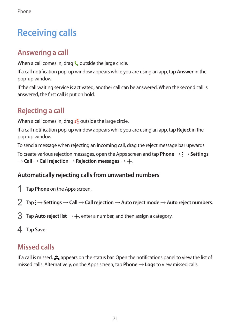 Receiving calls, 71 receiving calls, Answering a call | Rejecting a call, Missed calls | Samsung Galaxy Alpha User Manual | Page 71 / 235