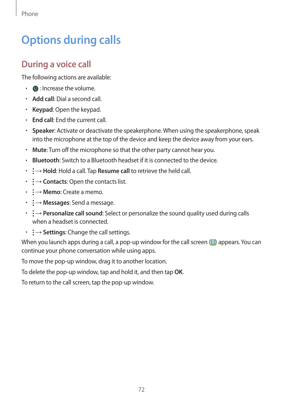 Options during calls, 72 options during calls, During a voice call | Samsung Galaxy Alpha User Manual | Page 72 / 235