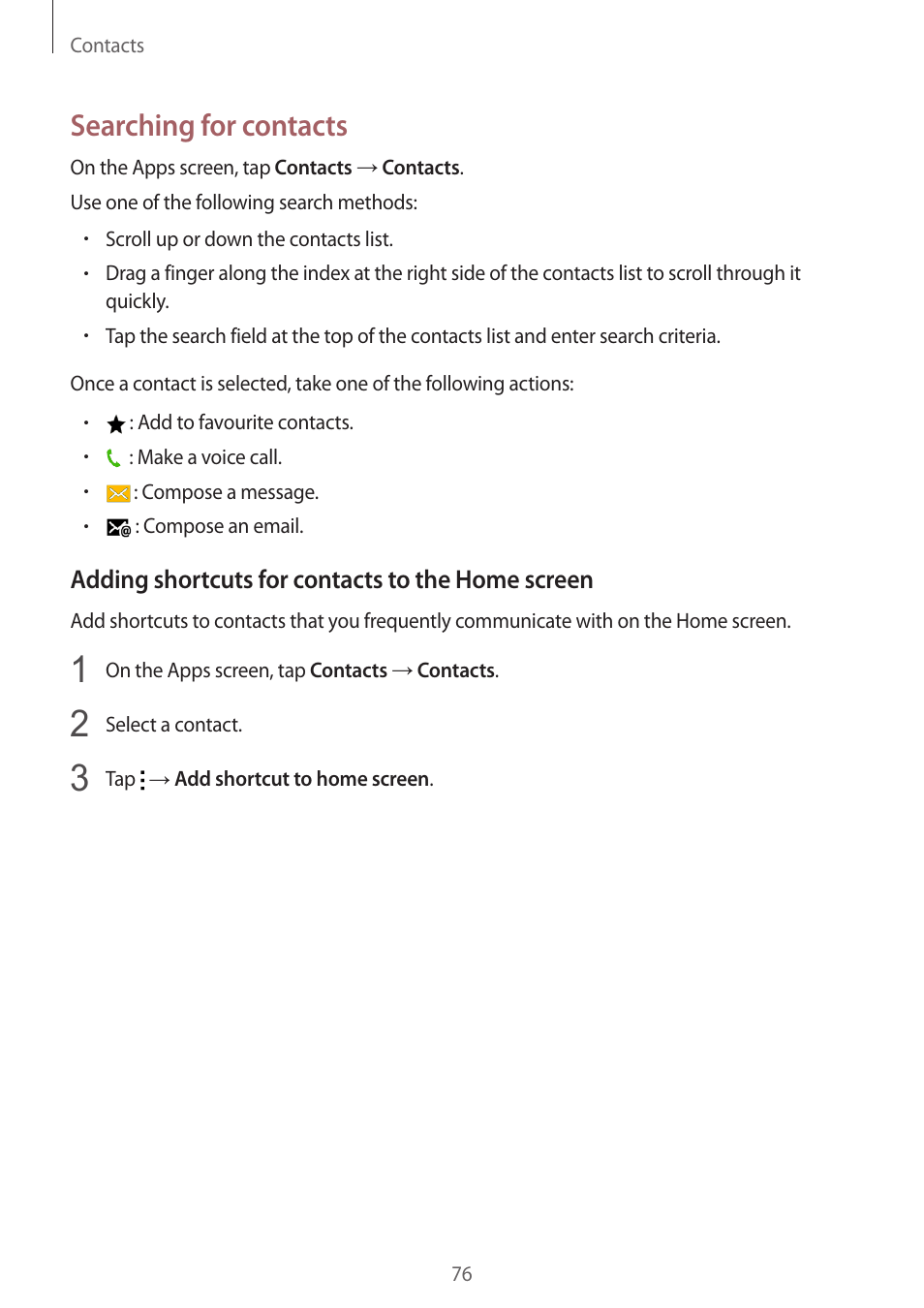 Searching for contacts | Samsung Galaxy Alpha User Manual | Page 76 / 235