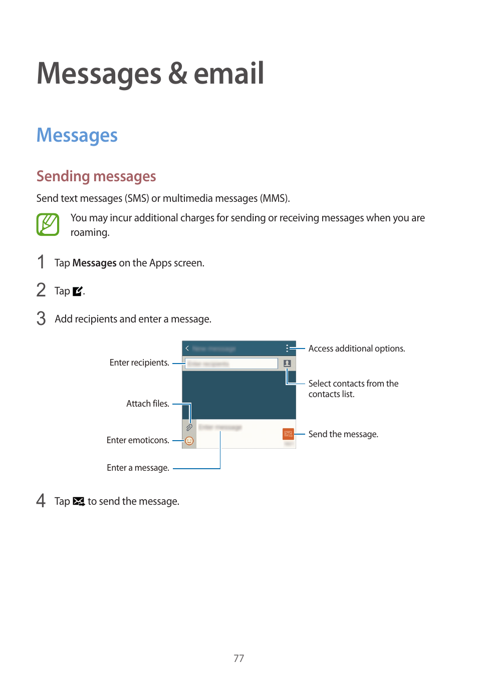 Messages & email, Messages, 77 messages | Sending messages | Samsung Galaxy Alpha User Manual | Page 77 / 235