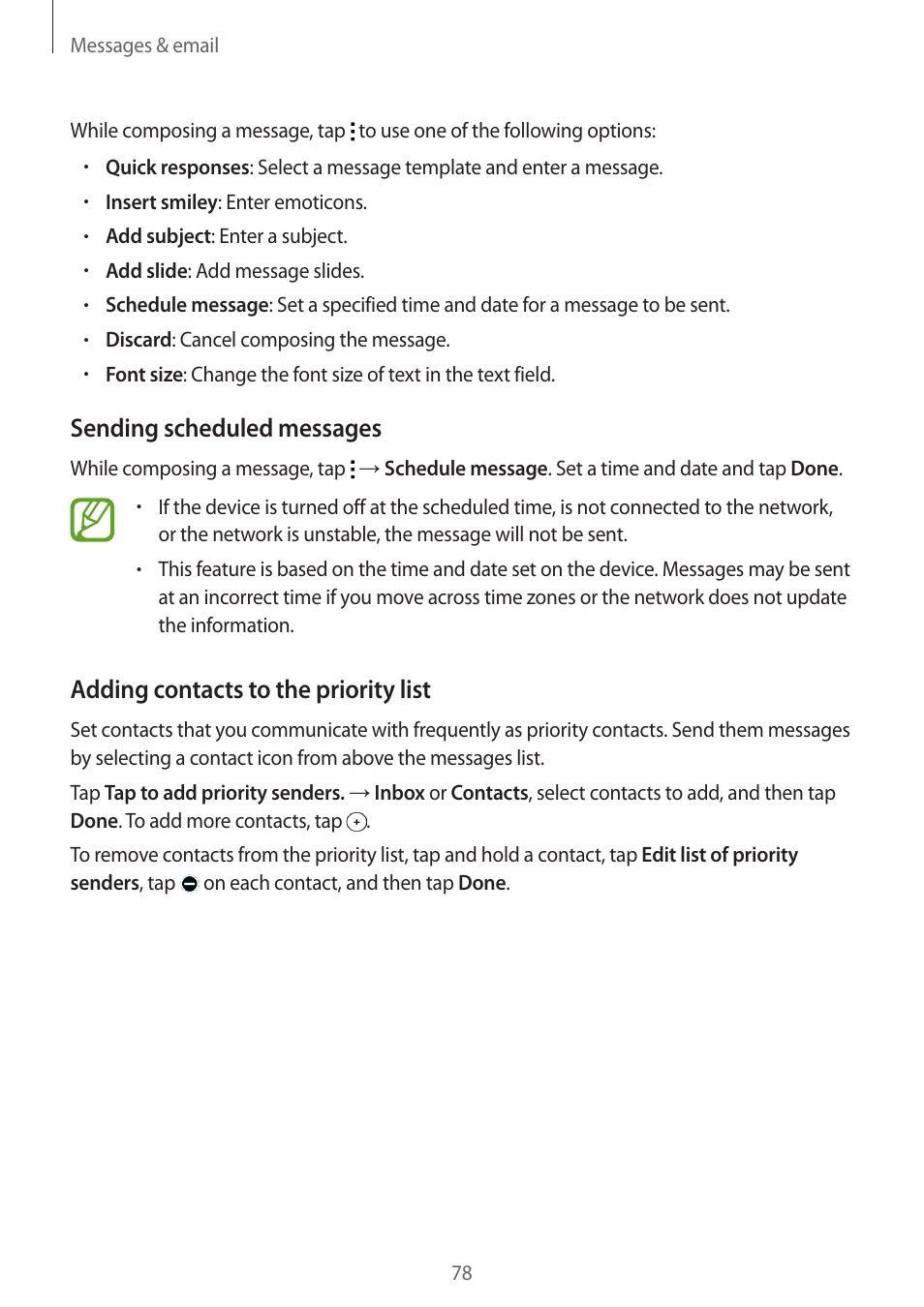 Sending scheduled messages, Adding contacts to the priority list | Samsung Galaxy Alpha User Manual | Page 78 / 235
