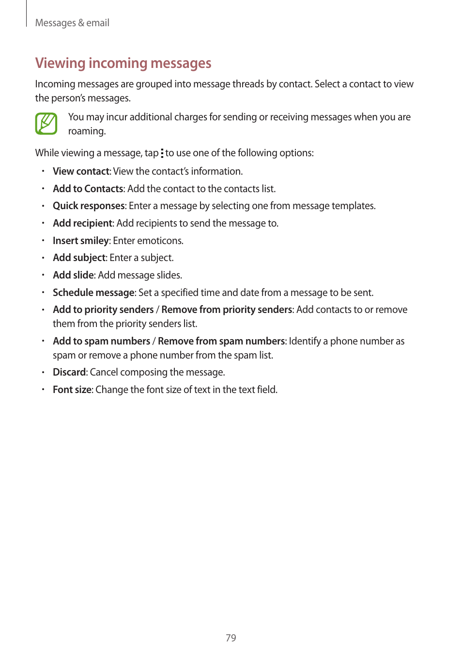 Viewing incoming messages | Samsung Galaxy Alpha User Manual | Page 79 / 235