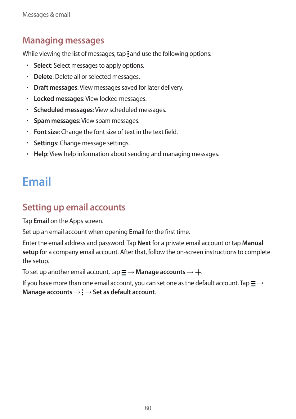 Email, 80 email, Managing messages | Setting up email accounts | Samsung Galaxy Alpha User Manual | Page 80 / 235