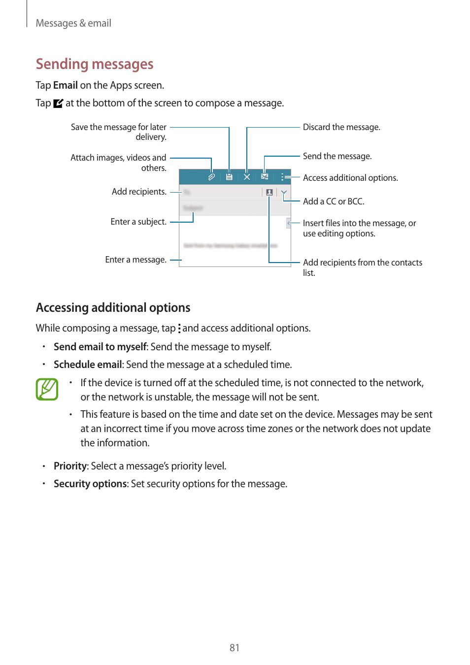 Sending messages, Accessing additional options | Samsung Galaxy Alpha User Manual | Page 81 / 235