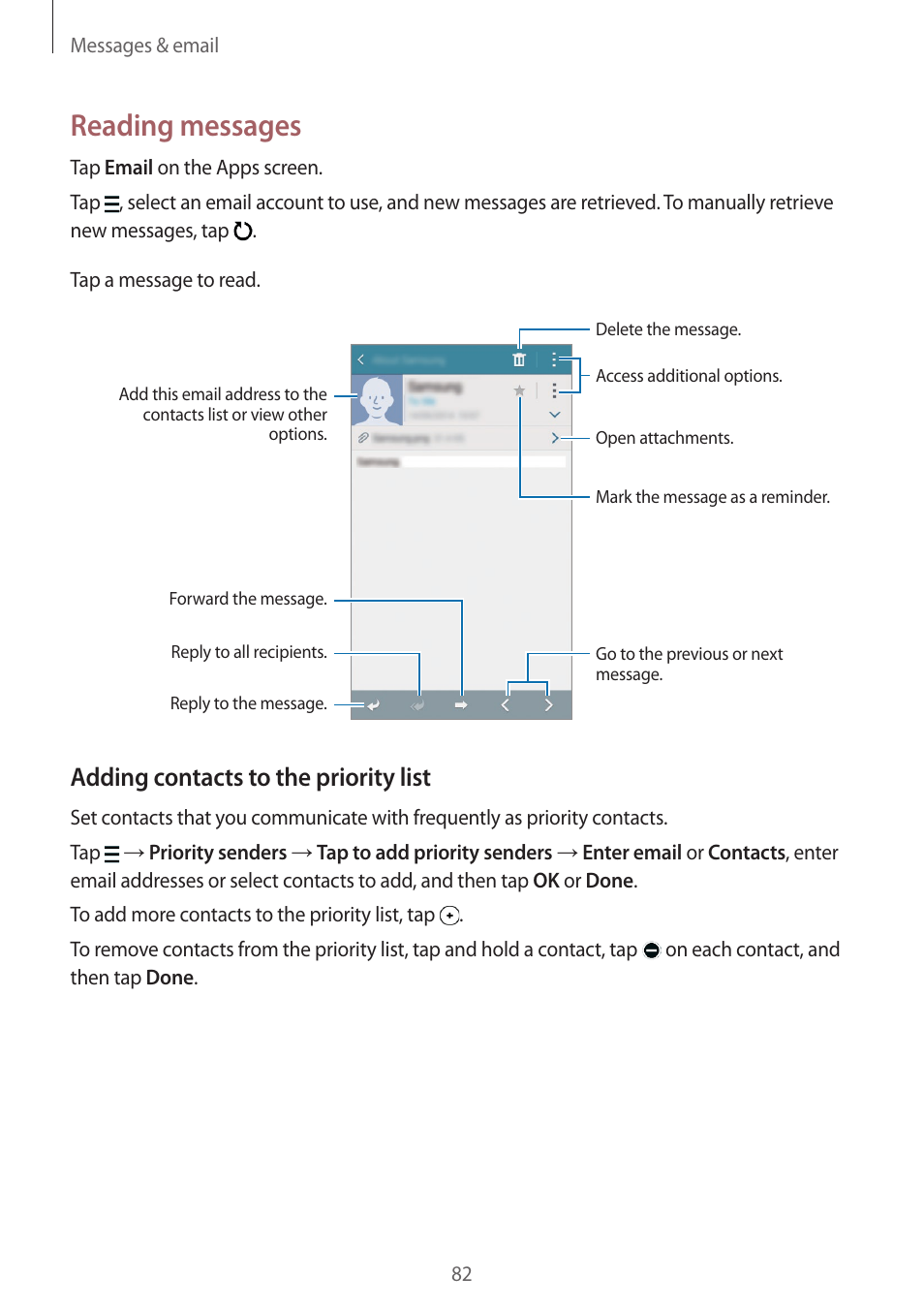 Reading messages, Adding contacts to the priority list | Samsung Galaxy Alpha User Manual | Page 82 / 235