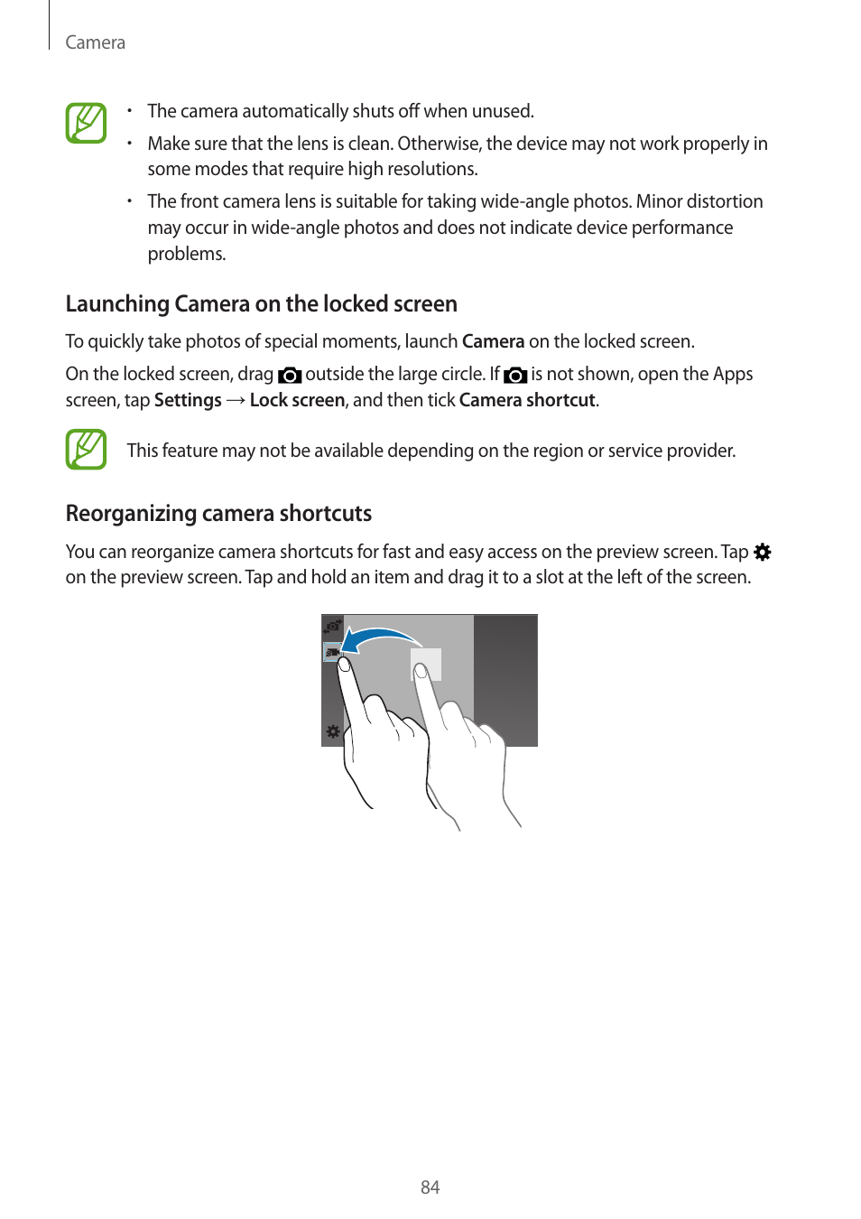 Launching camera on the locked screen, Reorganizing camera shortcuts | Samsung Galaxy Alpha User Manual | Page 84 / 235