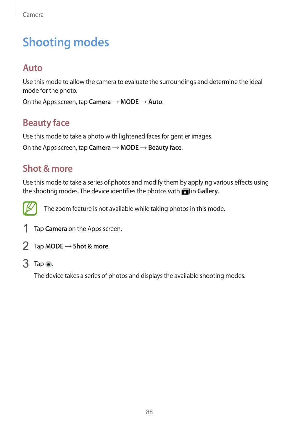 Shooting modes, 88 shooting modes, Auto | Beauty face, Shot & more | Samsung Galaxy Alpha User Manual | Page 88 / 235