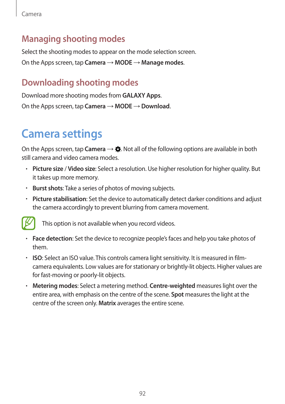 Camera settings, 92 camera settings, Managing shooting modes | Downloading shooting modes | Samsung Galaxy Alpha User Manual | Page 92 / 235