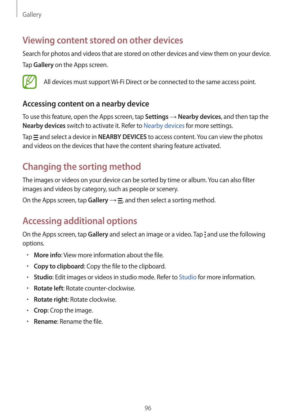 Viewing content stored on other devices, Changing the sorting method, Accessing additional options | Samsung Galaxy Alpha User Manual | Page 96 / 235