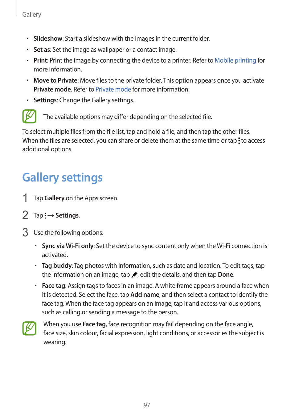 Gallery settings, 97 gallery settings | Samsung Galaxy Alpha User Manual | Page 97 / 235