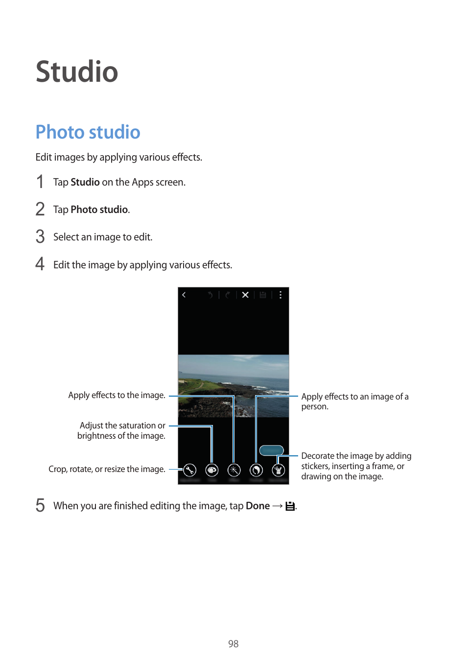 Studio, Photo studio, 98 photo studio | Samsung Galaxy Alpha User Manual | Page 98 / 235