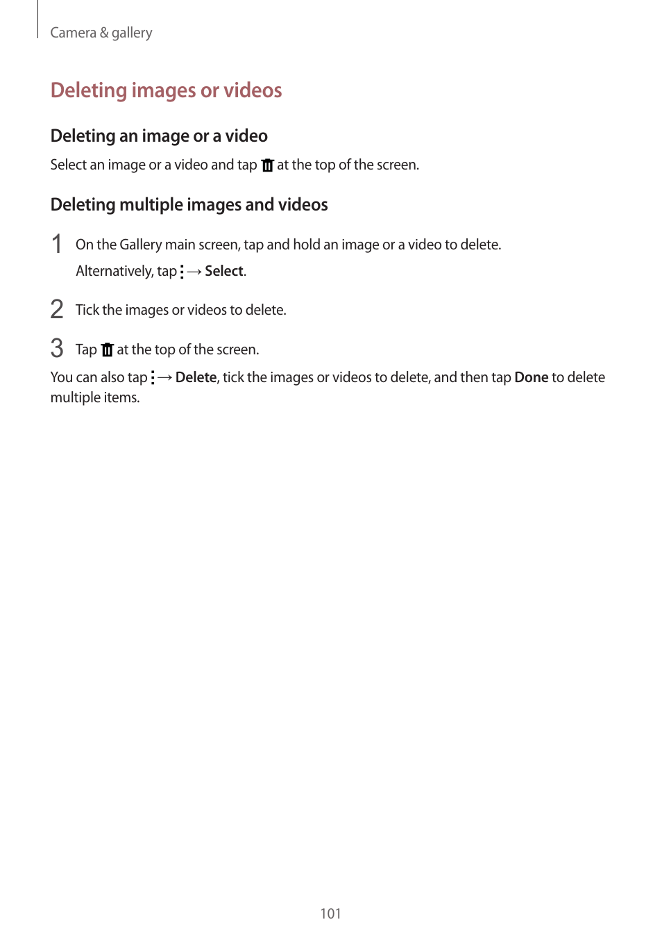 Deleting images or videos | Samsung Galaxy Note 4 User Manual | Page 101 / 192