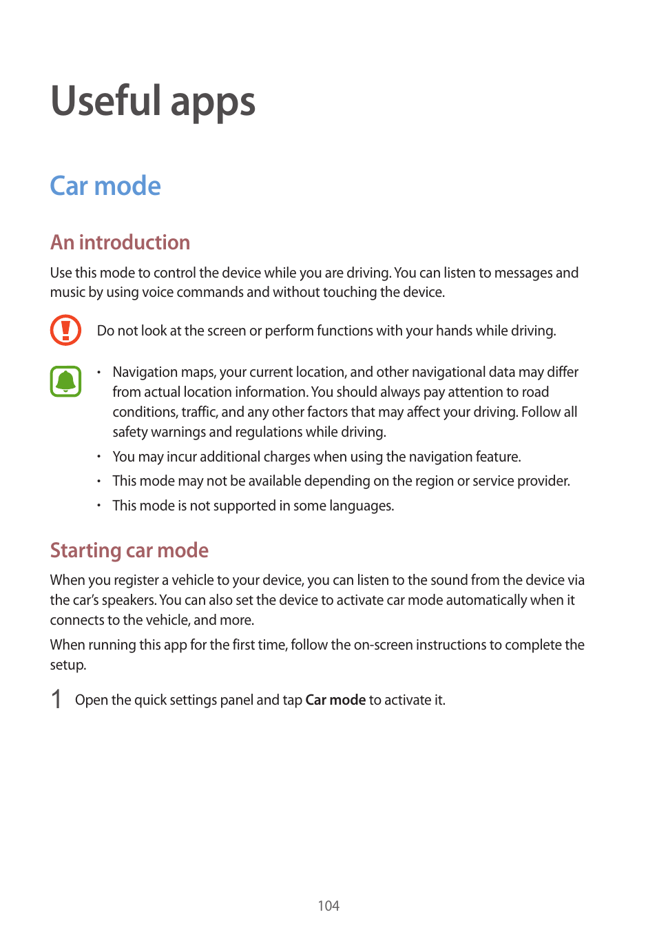 Useful apps, Car mode, 104 car mode | Samsung Galaxy Note 4 User Manual | Page 104 / 192