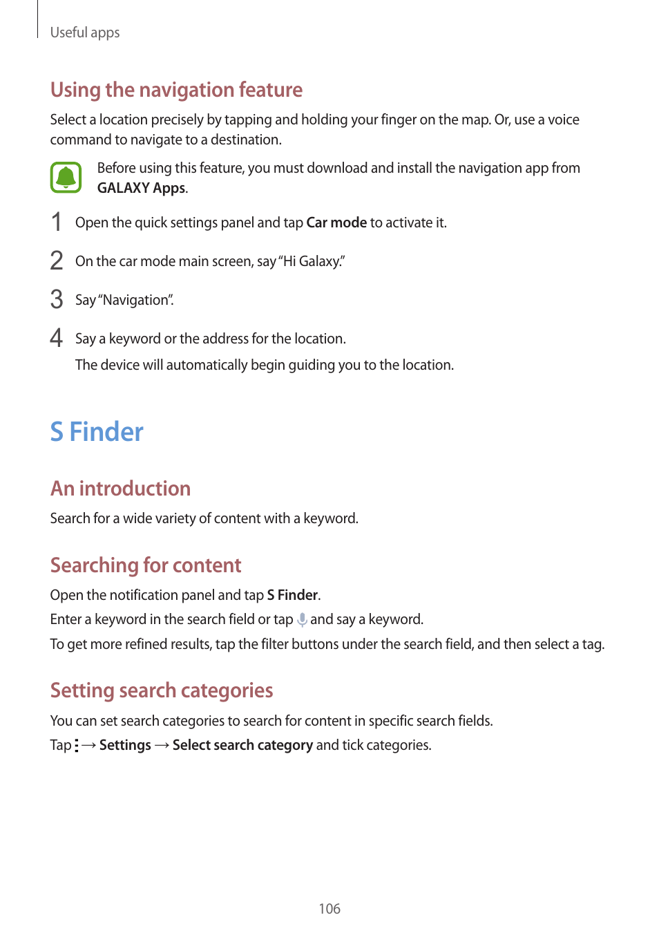 S finder, 106 s finder, Using the navigation feature | An introduction, Searching for content, Setting search categories | Samsung Galaxy Note 4 User Manual | Page 106 / 192
