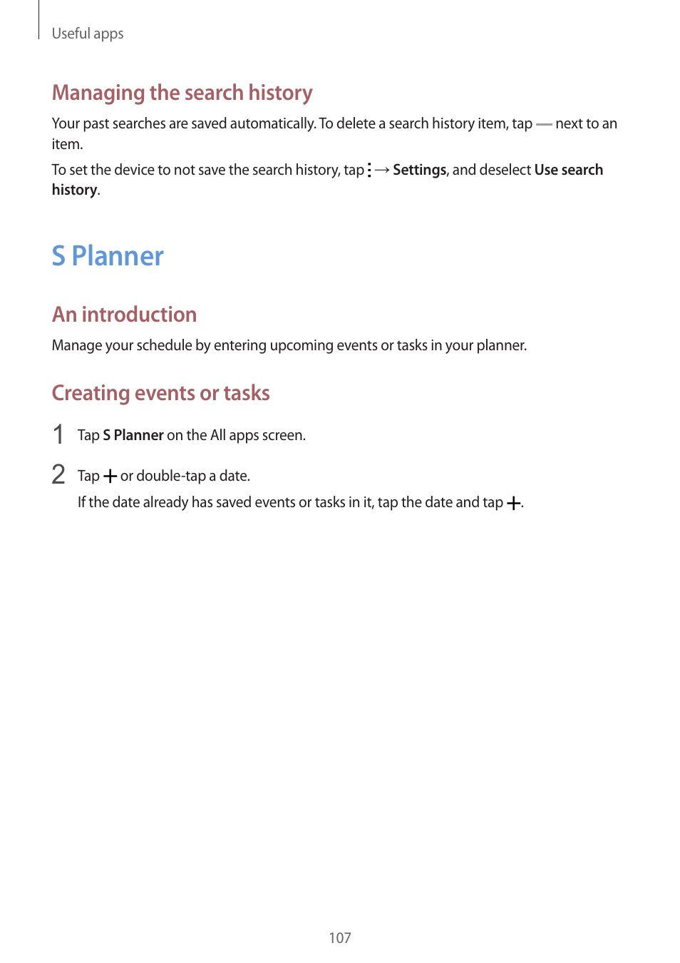 S planner, 107 s planner, Managing the search history | An introduction, Creating events or tasks | Samsung Galaxy Note 4 User Manual | Page 107 / 192