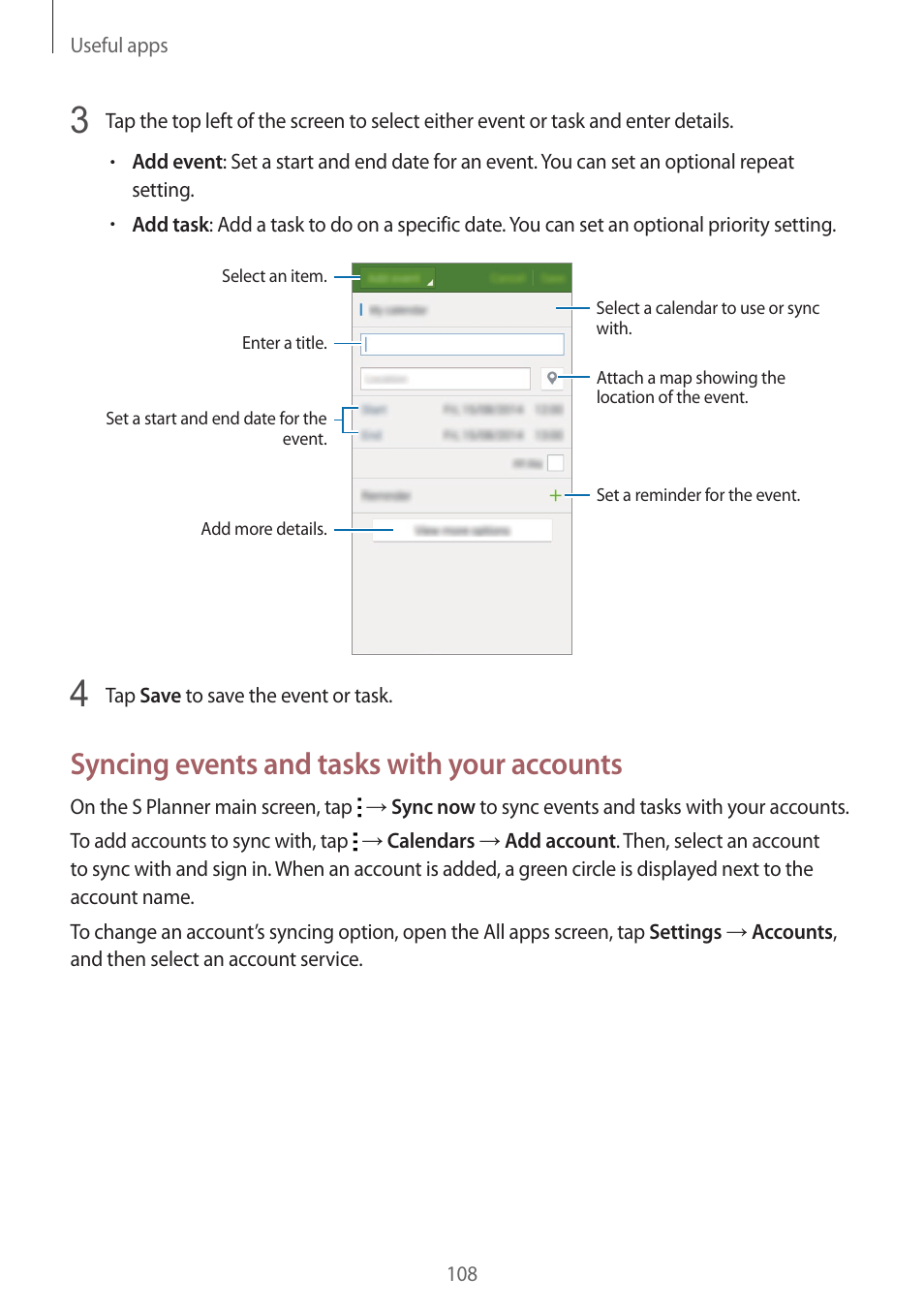 Syncing events and tasks with your accounts | Samsung Galaxy Note 4 User Manual | Page 108 / 192