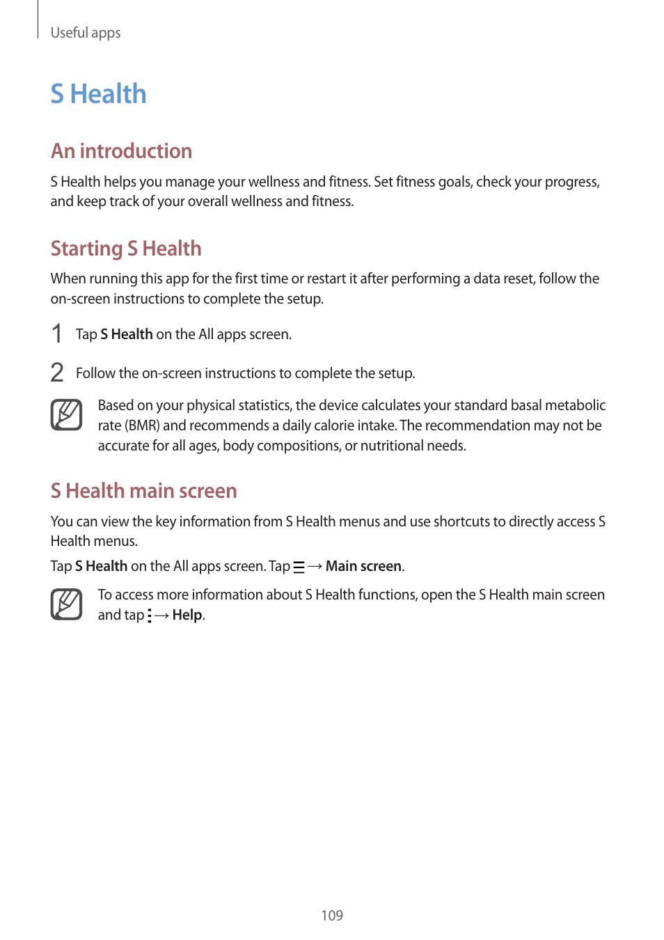 S health, 109 s health, An introduction | Starting s health, S health main screen | Samsung Galaxy Note 4 User Manual | Page 109 / 192