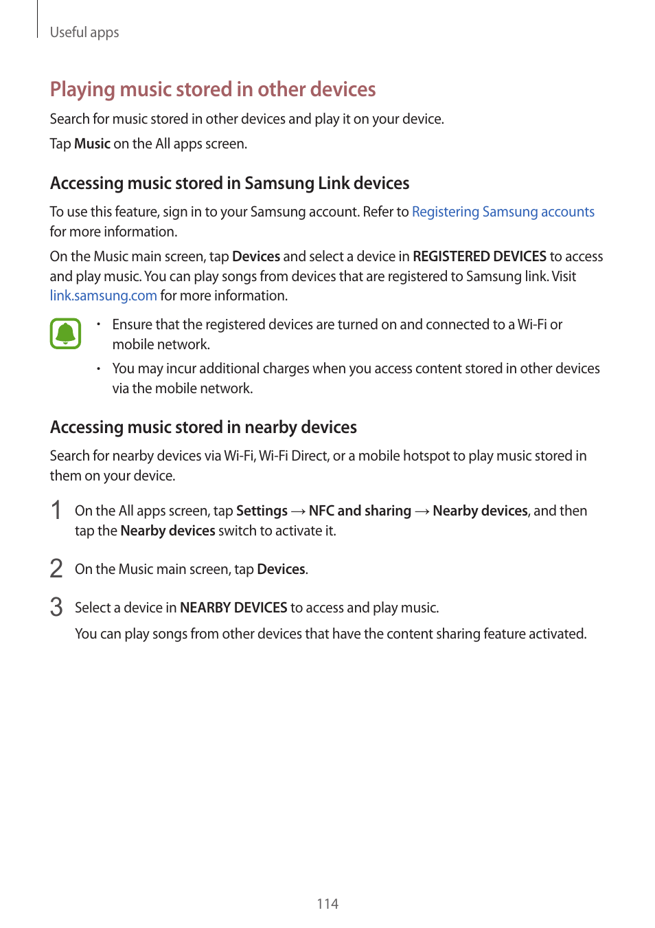 Playing music stored in other devices | Samsung Galaxy Note 4 User Manual | Page 114 / 192