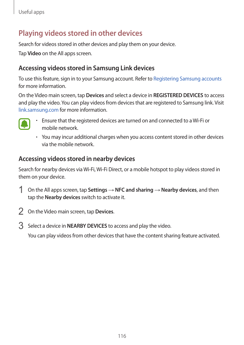 Playing videos stored in other devices | Samsung Galaxy Note 4 User Manual | Page 116 / 192