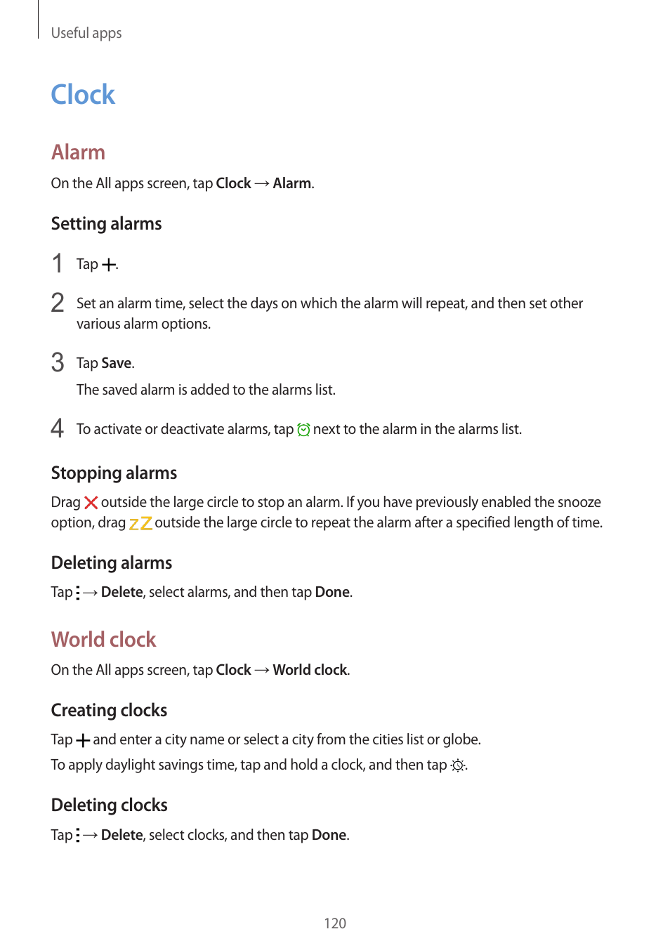 Clock, 120 clock, Alarm | World clock | Samsung Galaxy Note 4 User Manual | Page 120 / 192