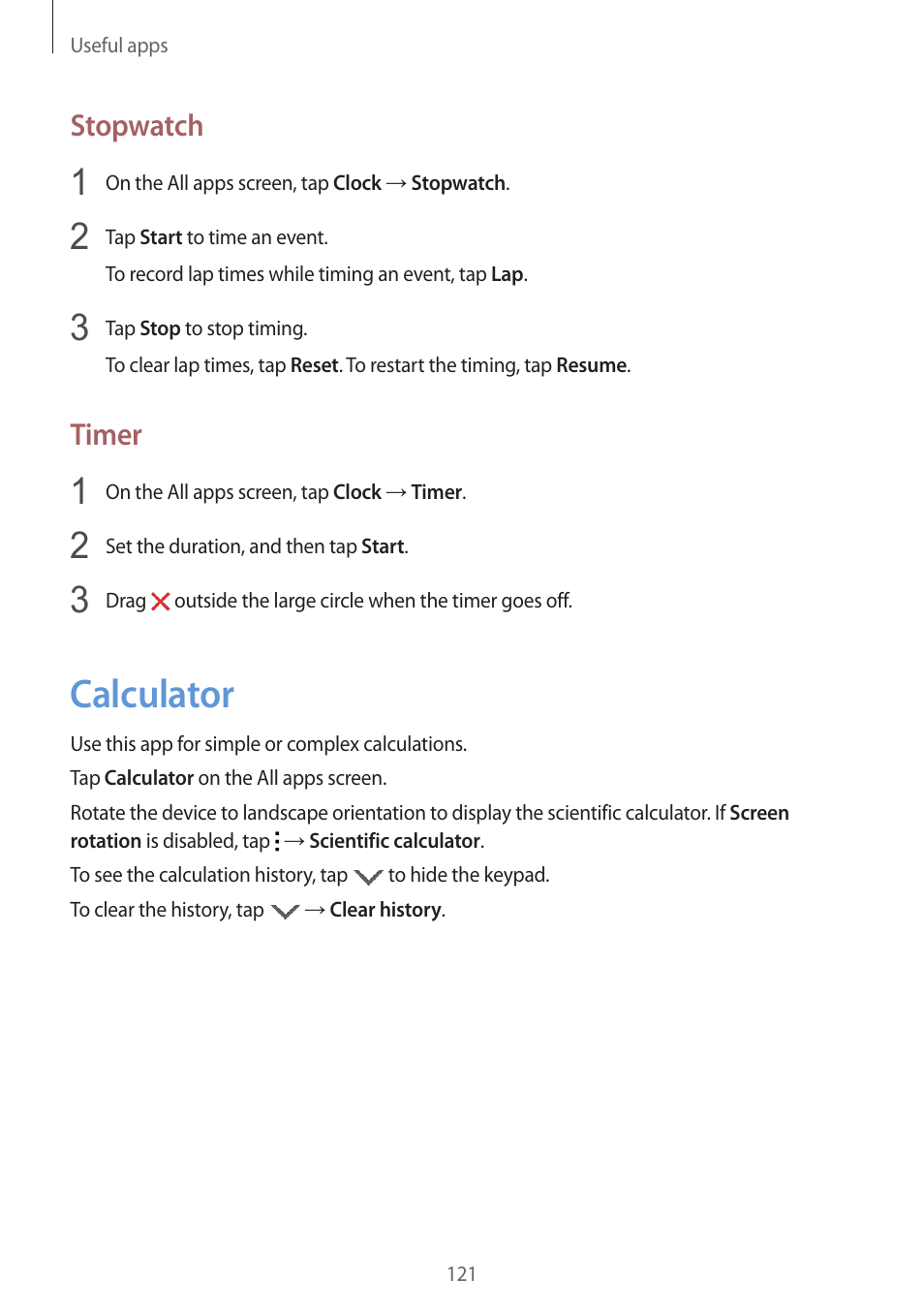 Calculator, 121 calculator, Stopwatch | Timer | Samsung Galaxy Note 4 User Manual | Page 121 / 192