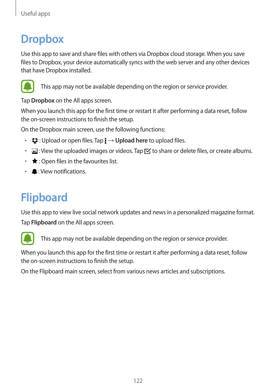 Dropbox, Flipboard, 122 dropbox 122 flipboard | Samsung Galaxy Note 4 User Manual | Page 122 / 192