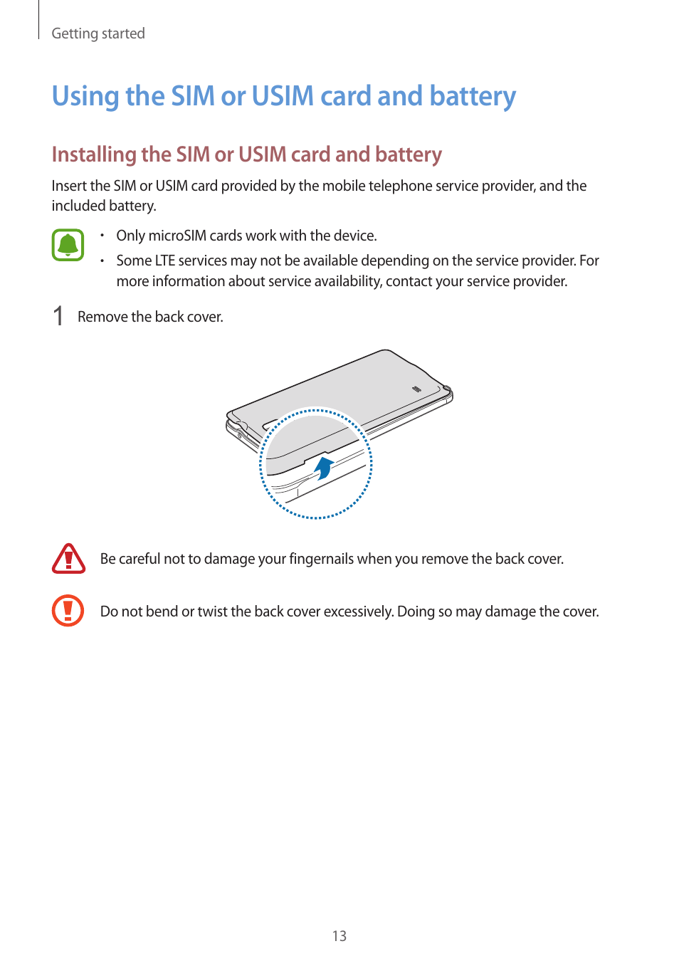 Using the sim or usim card and battery, 13 using the sim or usim card and, Battery | Installing the sim or usim card and battery | Samsung Galaxy Note 4 User Manual | Page 13 / 192