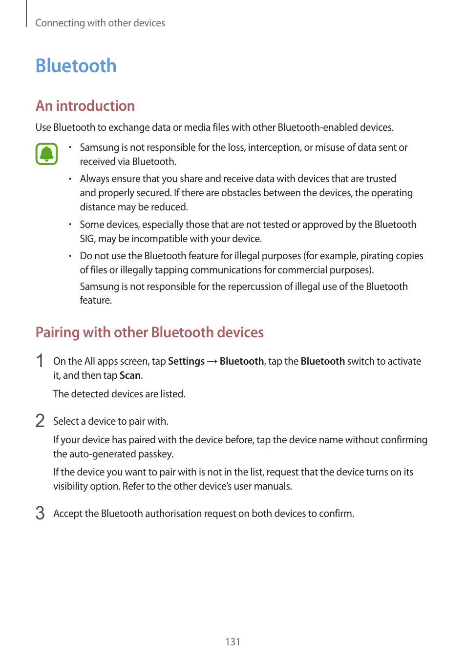 Bluetooth, 131 bluetooth, An introduction | Pairing with other bluetooth devices | Samsung Galaxy Note 4 User Manual | Page 131 / 192