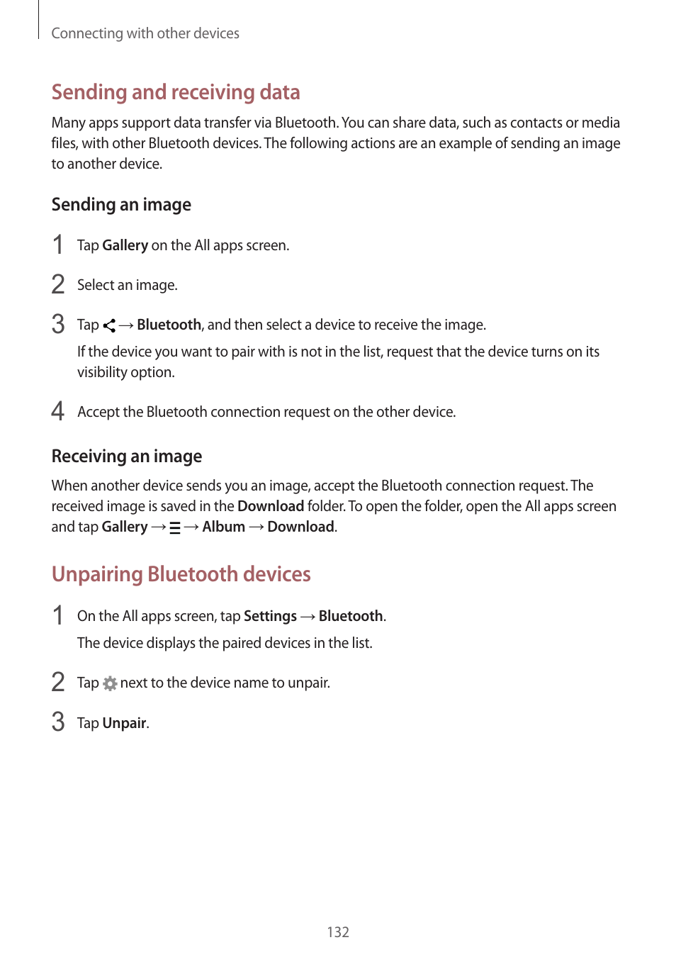 Sending and receiving data, Unpairing bluetooth devices | Samsung Galaxy Note 4 User Manual | Page 132 / 192