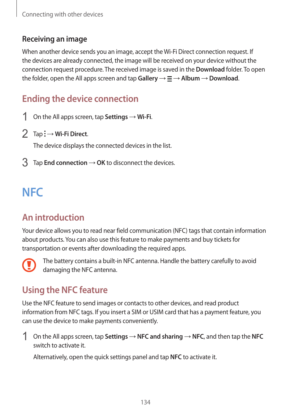 134 nfc, Ending the device connection, An introduction | Using the nfc feature | Samsung Galaxy Note 4 User Manual | Page 134 / 192