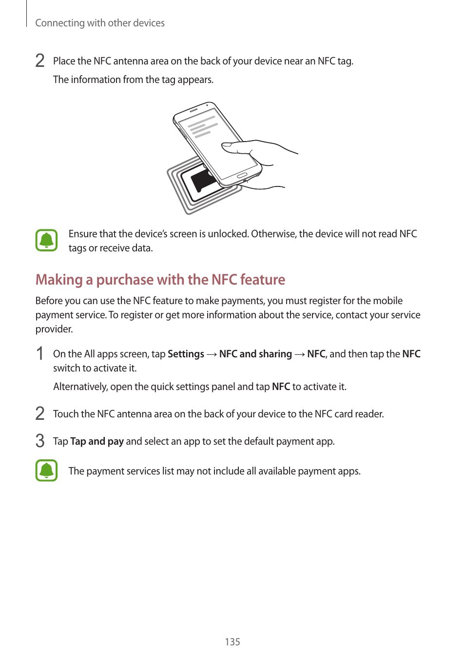 Making a purchase with the nfc feature | Samsung Galaxy Note 4 User Manual | Page 135 / 192