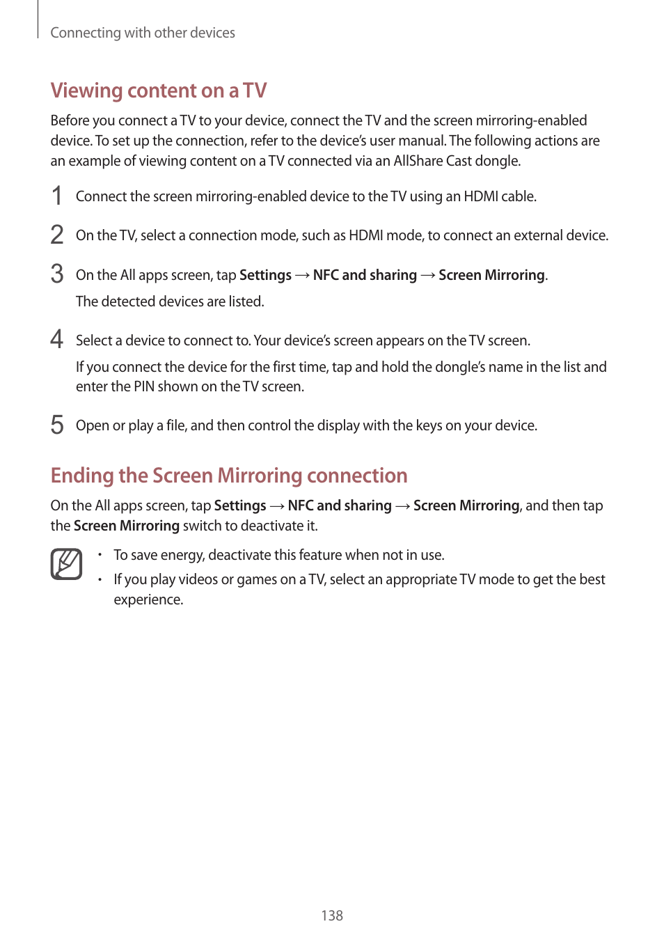 Viewing content on a tv, Ending the screen mirroring connection | Samsung Galaxy Note 4 User Manual | Page 138 / 192