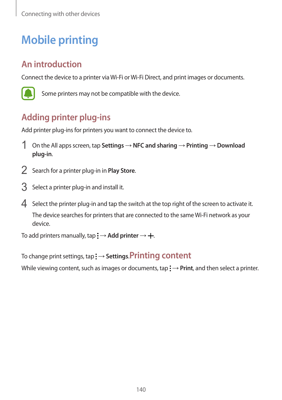 Mobile printing, 140 mobile printing, An introduction | Adding printer plug-ins, Printing content | Samsung Galaxy Note 4 User Manual | Page 140 / 192