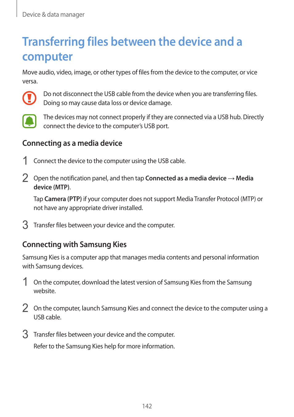 142 transferring files between the device, And a computer | Samsung Galaxy Note 4 User Manual | Page 142 / 192