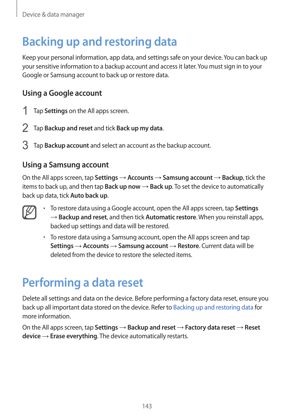 Backing up and restoring data, Performing a data reset | Samsung Galaxy Note 4 User Manual | Page 143 / 192