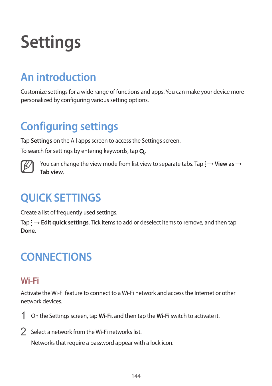Settings, An introduction, Configuring settings | Quick settings, Connections | Samsung Galaxy Note 4 User Manual | Page 144 / 192