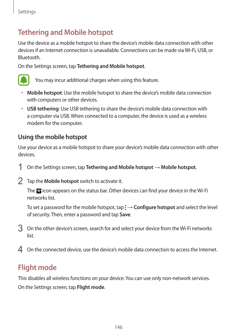 Tethering and mobile hotspot, Flight mode | Samsung Galaxy Note 4 User Manual | Page 146 / 192