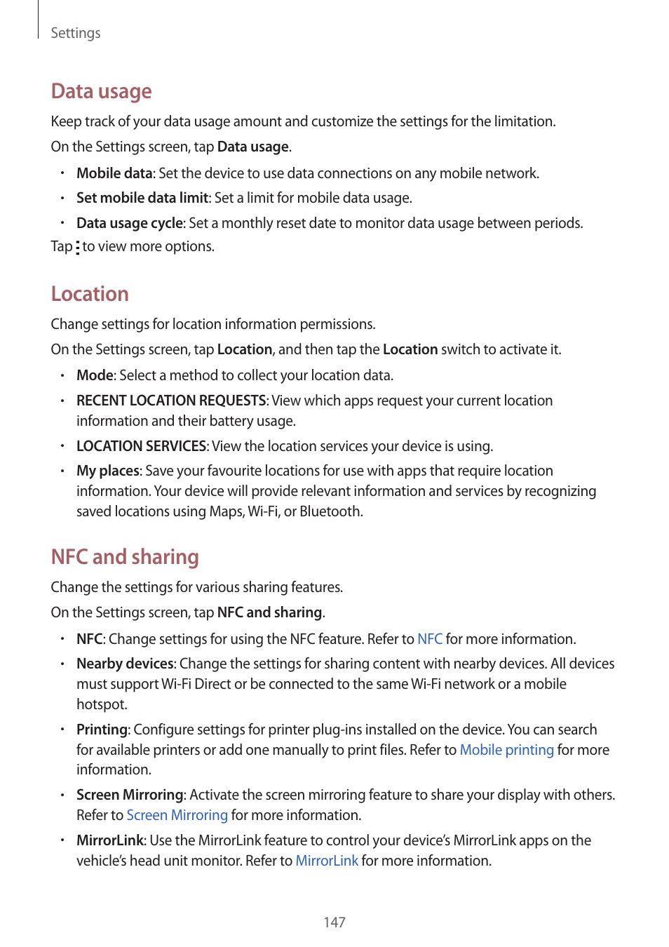 Data usage, Location, Nfc and sharing | Samsung Galaxy Note 4 User Manual | Page 147 / 192