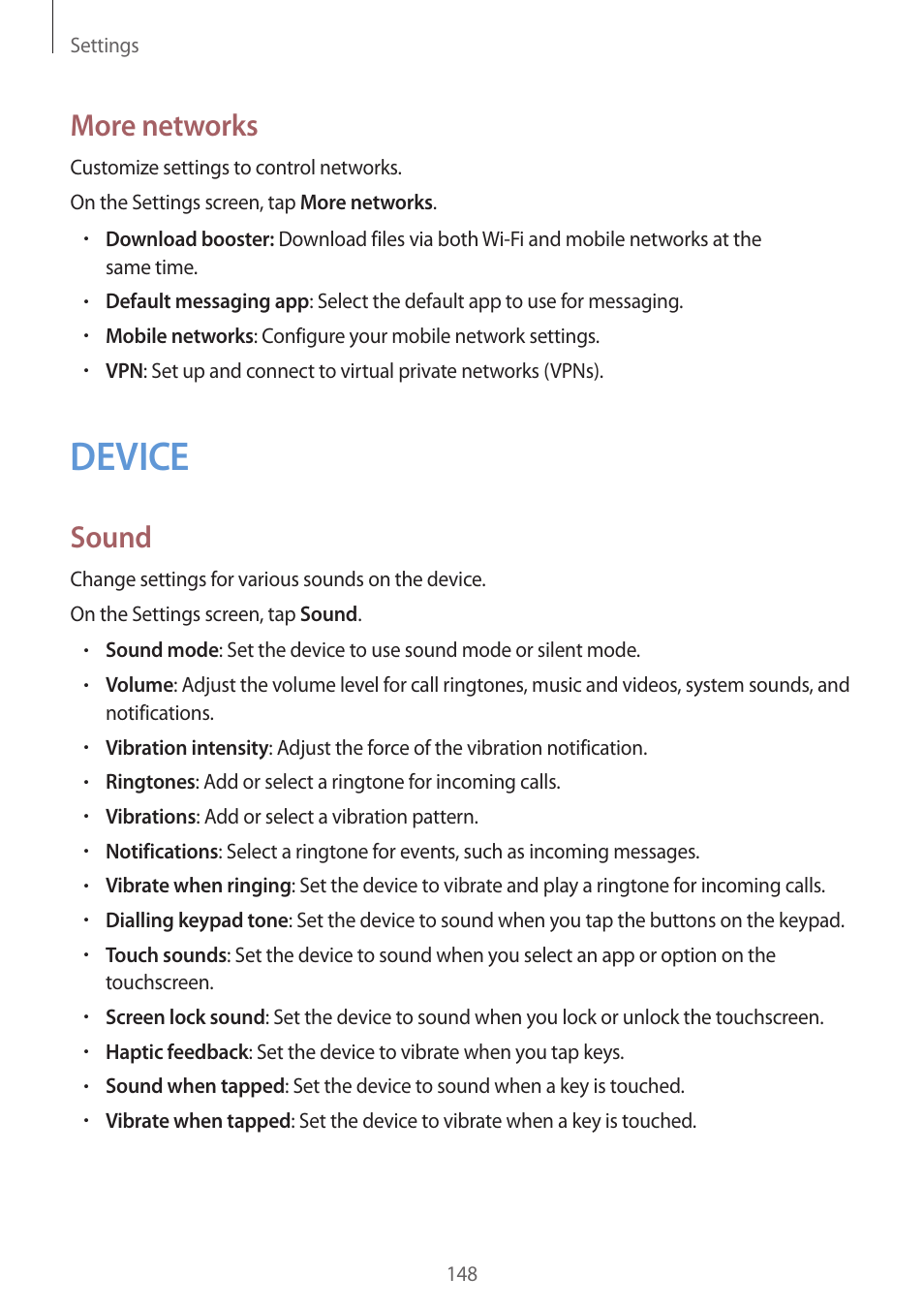 Device, 148 device, More networks | Sound | Samsung Galaxy Note 4 User Manual | Page 148 / 192