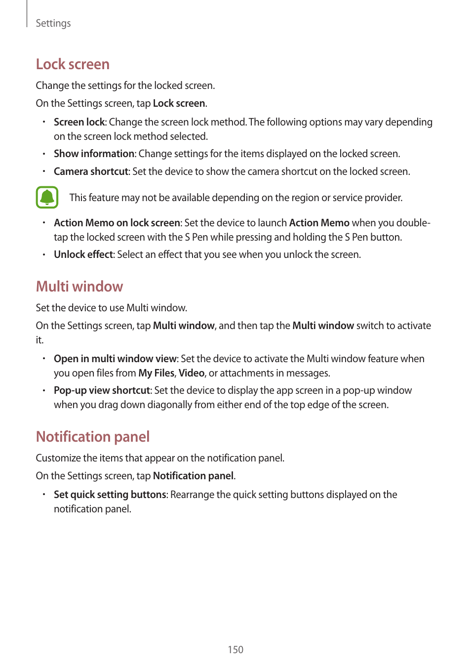 Lock screen, Multi window, Notification panel | Samsung Galaxy Note 4 User Manual | Page 150 / 192