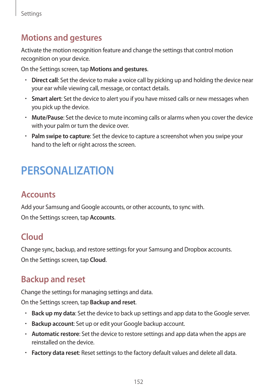 Personalization, 152 personalization, Motions and gestures | Accounts, Cloud, Backup and reset | Samsung Galaxy Note 4 User Manual | Page 152 / 192