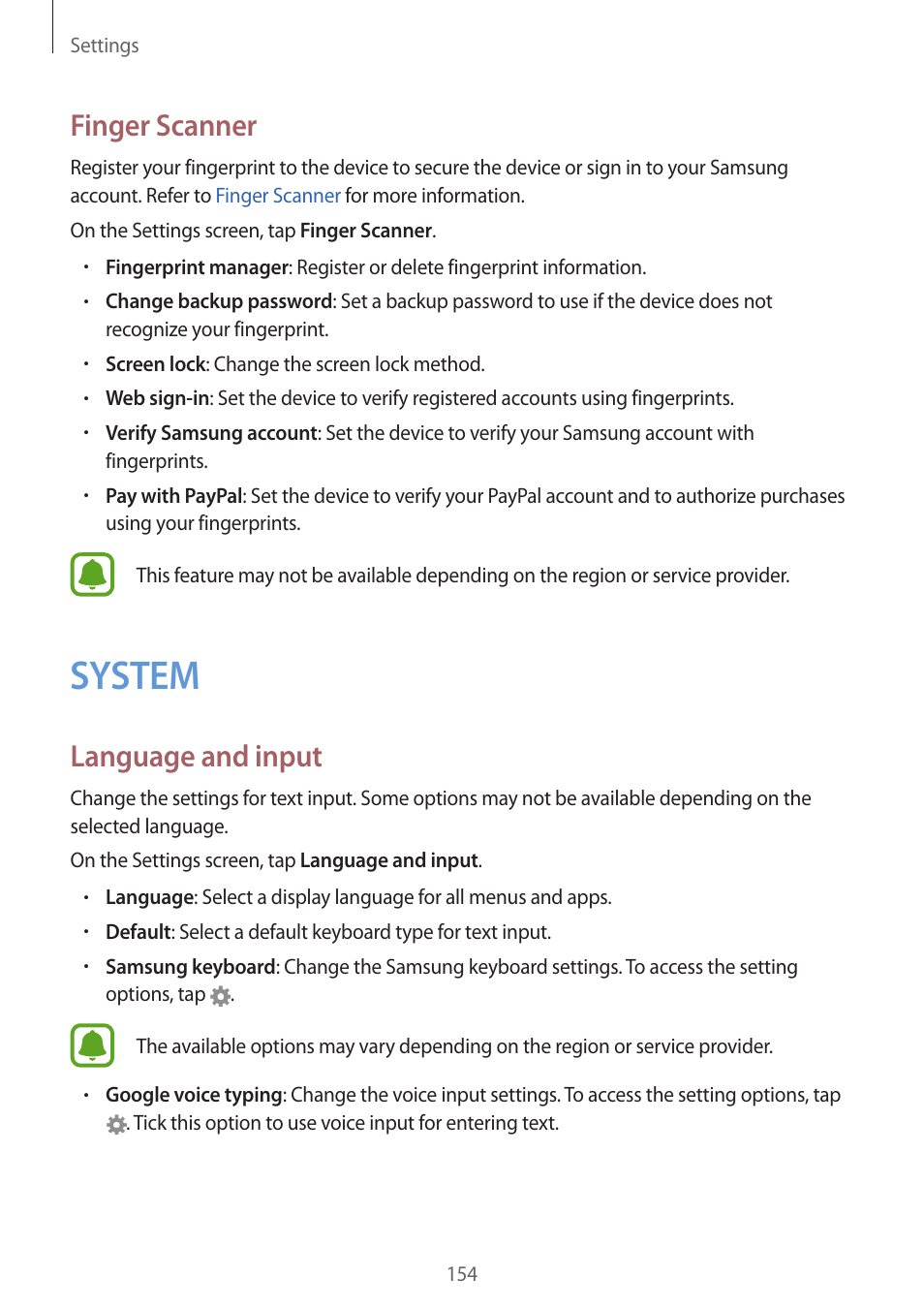 System, 154 system, Finger scanner | Language and input | Samsung Galaxy Note 4 User Manual | Page 154 / 192