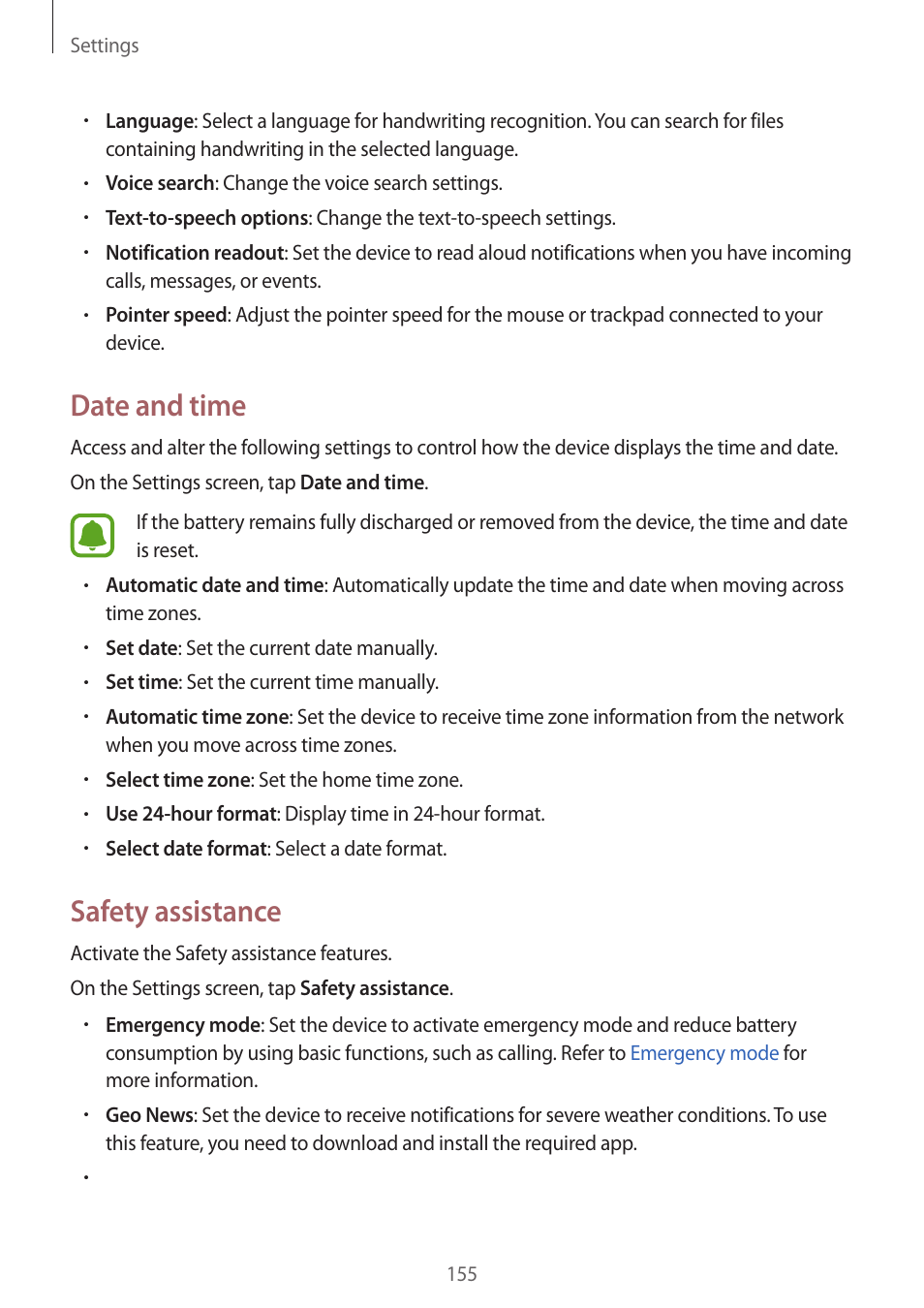 Date and time, Safety assistance | Samsung Galaxy Note 4 User Manual | Page 155 / 192