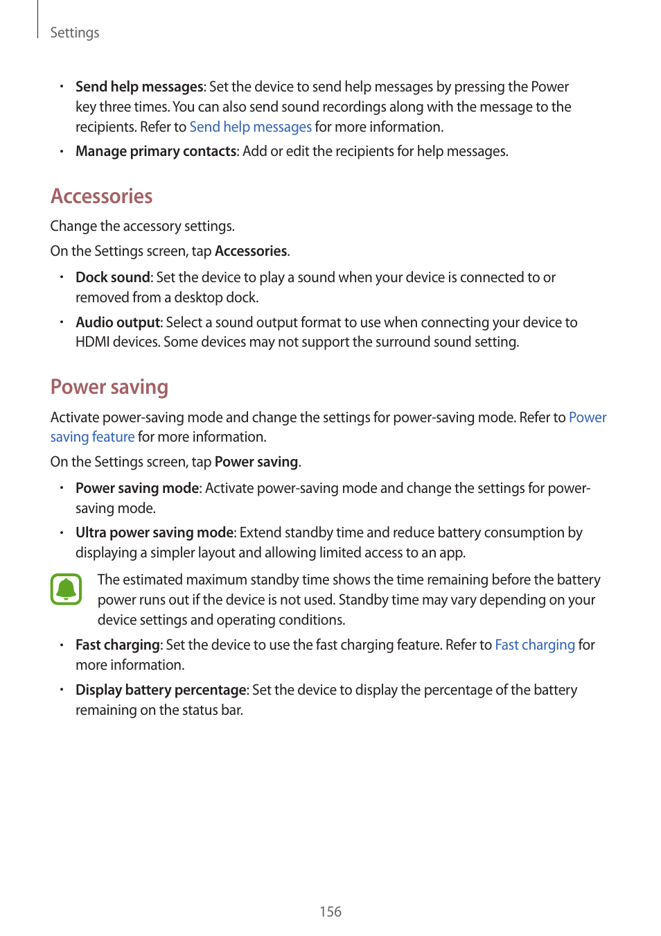 Accessories, Power saving | Samsung Galaxy Note 4 User Manual | Page 156 / 192