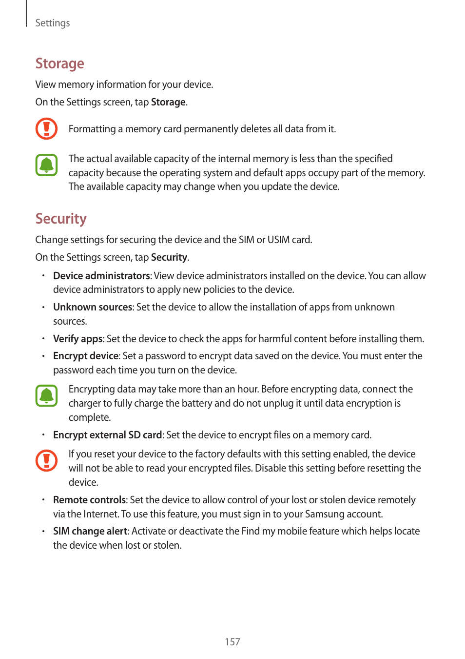 Storage, Security | Samsung Galaxy Note 4 User Manual | Page 157 / 192