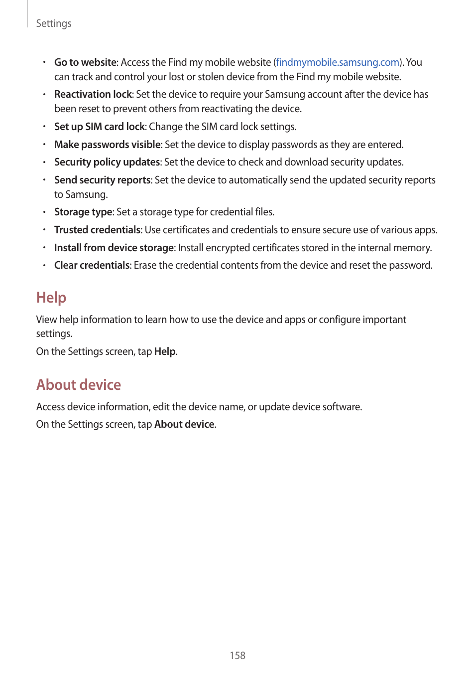 Help, About device | Samsung Galaxy Note 4 User Manual | Page 158 / 192