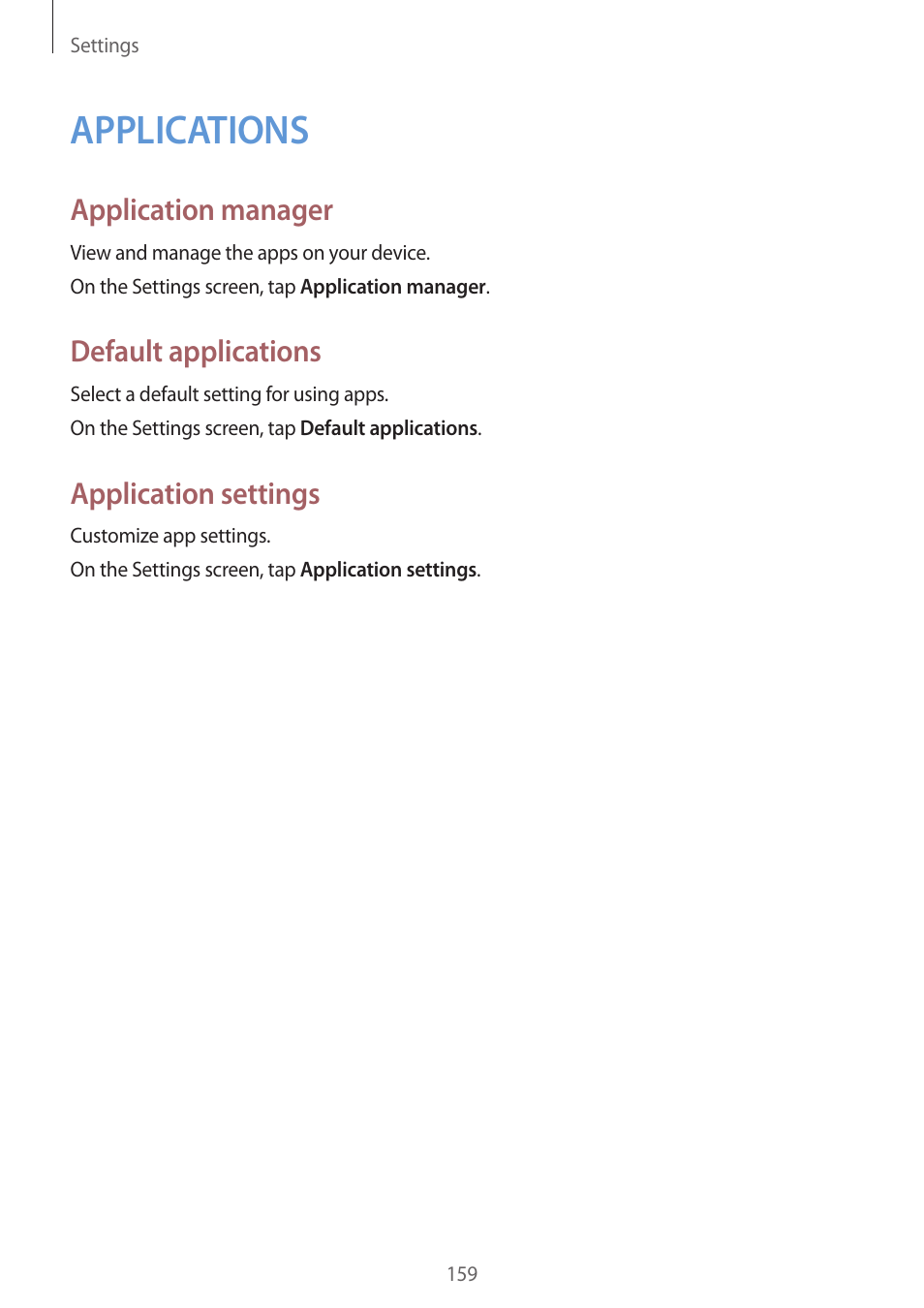 Applications, 159 applications, Application manager | Default applications, Application settings | Samsung Galaxy Note 4 User Manual | Page 159 / 192